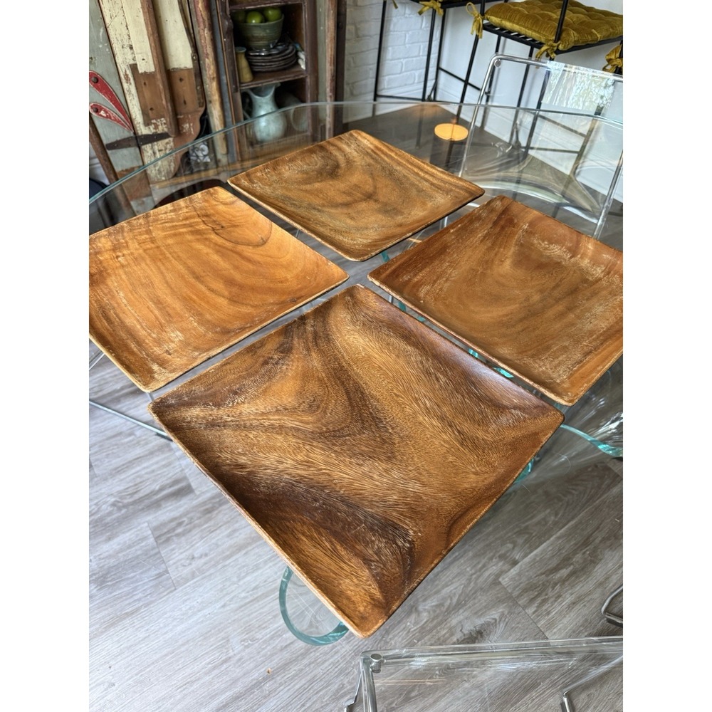 Vintage MCM 4 Large Square Wood Serving Trays Plates Chargers 12" Rustic Wooden